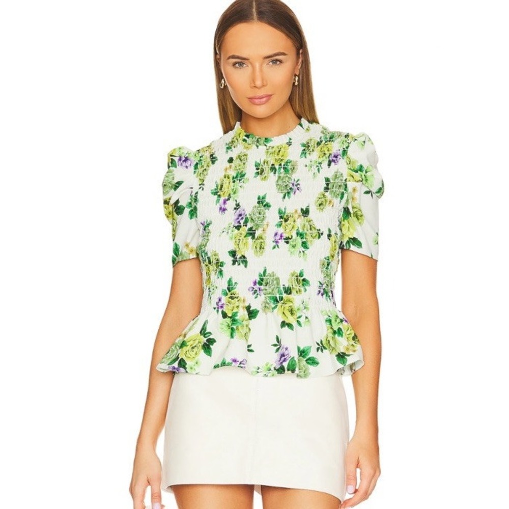 Amanda Uprichard Sorrenti Top‎ Veranda Medium Floral Green Purple Smocked Peplum
